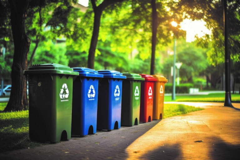 6 Mülltonnen in verschiedene Farben, die an einem Wegrand stehen.